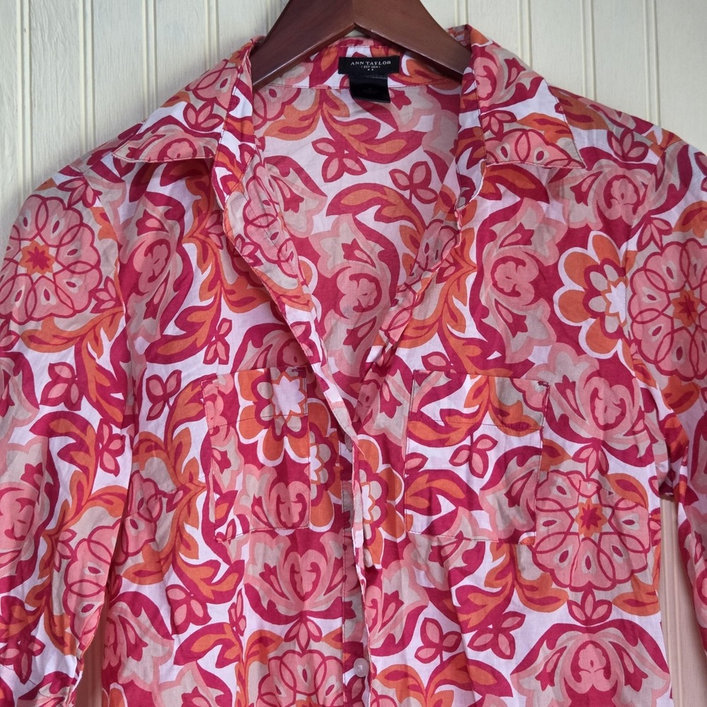 Ann Taylor Button Up Shirt Womens 4 Pink Collared 3/4 Sleeve Floral Cotton Print